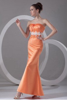 Satin Strapless Ankle-Length Column Dress with Embroidery