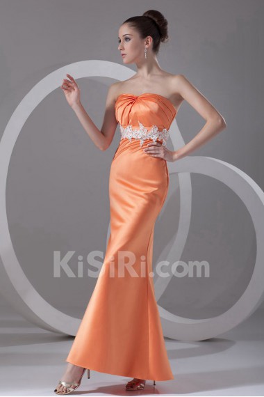 Satin Strapless Ankle-Length Column Dress with Embroidery