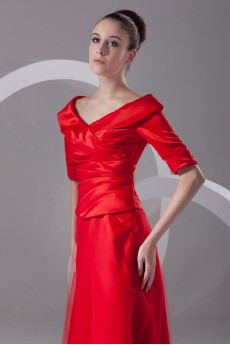 Satin and Net Portrait A Line Dress with Half-Sleeves