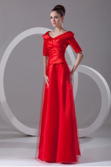 Satin and Net Portrait A Line Dress with Half-Sleeves