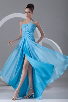 Chiffon One Shoulder Ankle-Length Column Dress with Embroidery