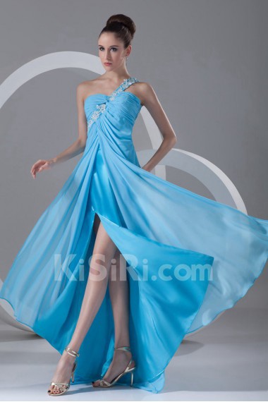 Chiffon One Shoulder Ankle-Length Column Dress with Embroidery