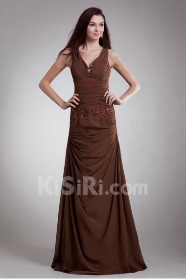 Chiffon V-Neck Column Dress with Embroidery