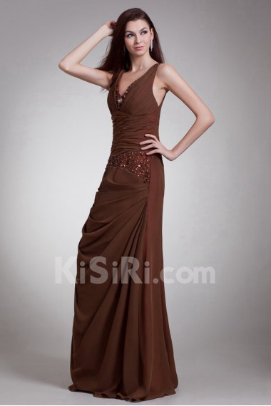 Chiffon V-Neck Column Dress with Embroidery