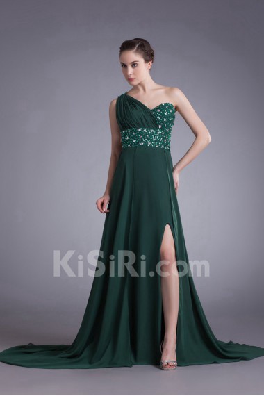 Chiffon Asymmetrical Column Dress with Embroidery