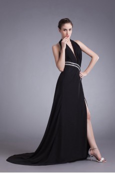 Chiffon Halter Column Dress with Sequins