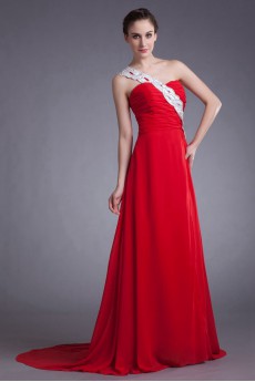 Chiffon One Shoulder A Line Dress with Embroidery