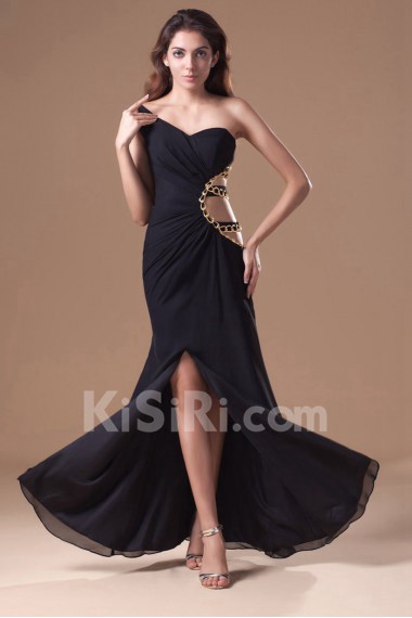 Chiffon Asymmetrical Ankle-Length Sheath Dress with Embroidery