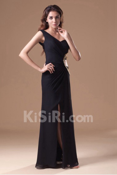 Chiffon Asymmetrical Ankle-Length Sheath Dress with Embroidery