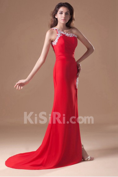 Chiffon One Shoulder Sheath Dress with Embroidery