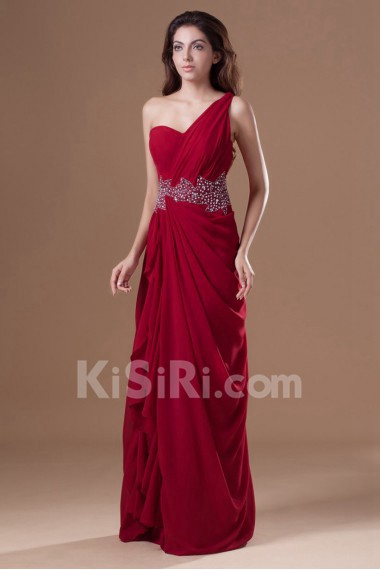 Chiffon One Shoulder Column Dress with Embroidery