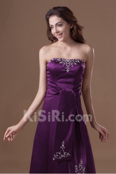 Satin Strapless A Line Dress with Embroidery