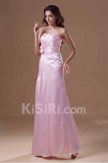 Silk Strapless A Line Dress with Hand-made Flowers