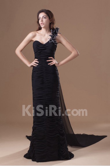 Chiffon One Shoulder Sheath Dress with Directionally Ruched Bodice