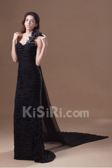 Chiffon One Shoulder Sheath Dress with Directionally Ruched Bodice