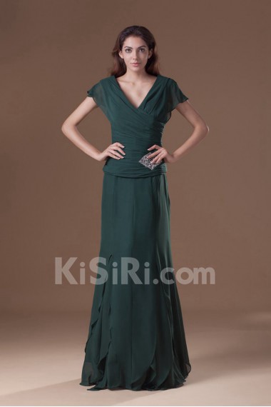 Chiffon V-Neck Column Dress with Cap Sleeve