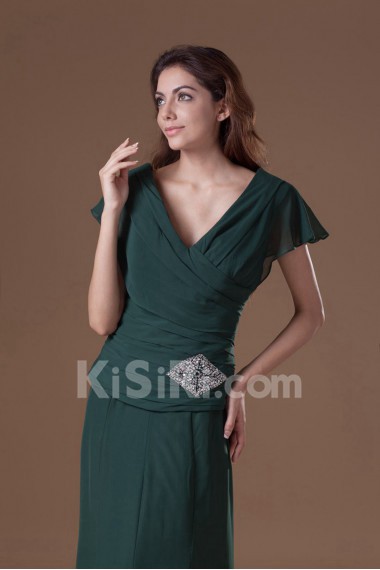 Chiffon V-Neck Column Dress with Cap Sleeve