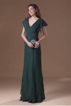 Chiffon V-Neck Column Dress with Cap Sleeve