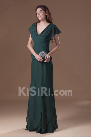 Chiffon V-Neck Column Dress with Cap Sleeve