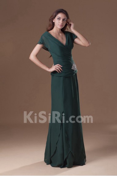 Chiffon V-Neck Column Dress with Cap Sleeve