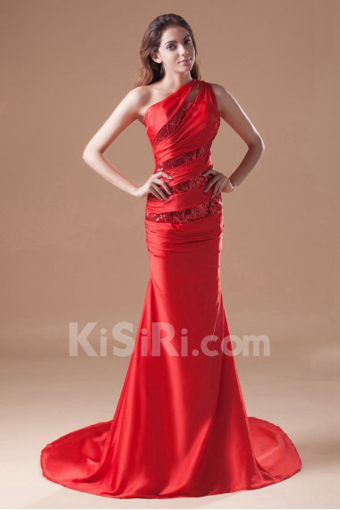 Satin Asymmetrical Sheath Dress with Embroidery