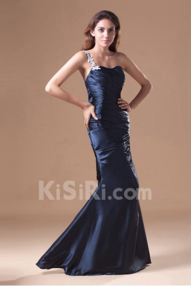 Satin One Shoulder Column Dress with Embroidery