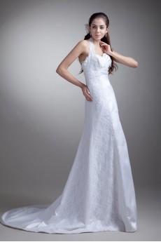 Satin Halter Empire Gown with Embroidery