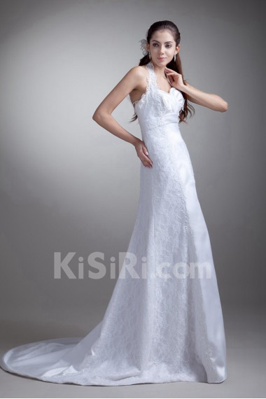 Satin Halter Empire Gown with Embroidery