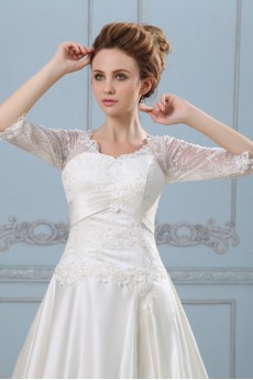 Satin V-Neckline A-Line Dress with Embroidery and Half-Sleeves