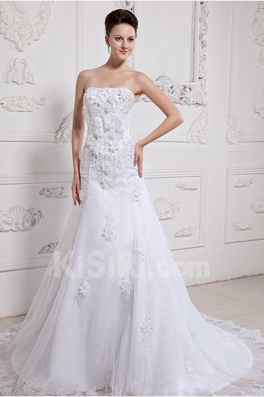 Satin and Organza Strapless A-Line Dress with Embroidery Beaded