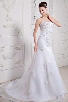 Satin and Organza Strapless A-Line Dress with Embroidery Beaded