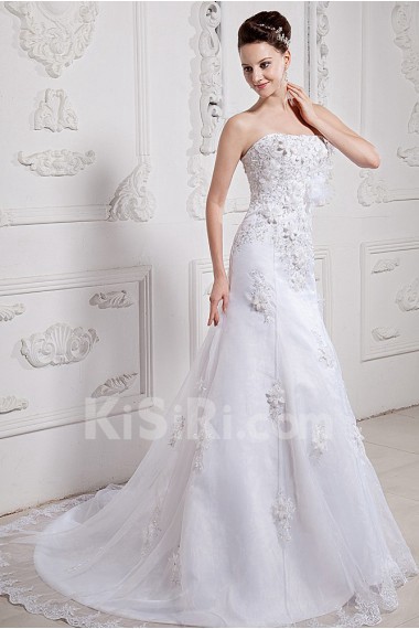 Satin and Organza Strapless A-Line Dress with Embroidery Beaded