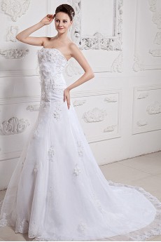 Satin and Organza Strapless A-Line Dress with Embroidery Beaded