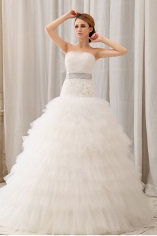 Gauze Strapless Ball Gown with Embroidery