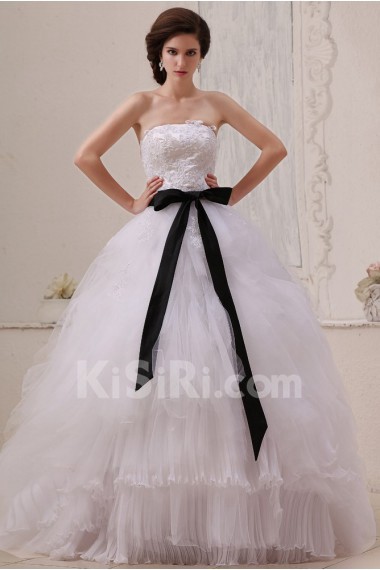 Gauze Strapless Floor Length Ball Gown with Sash and Embroidery