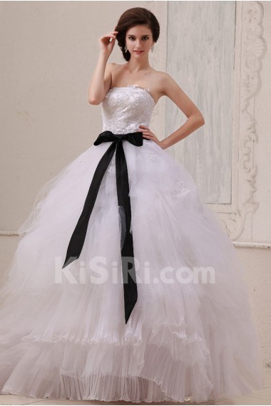 Gauze Strapless Floor Length Ball Gown with Sash and Embroidery