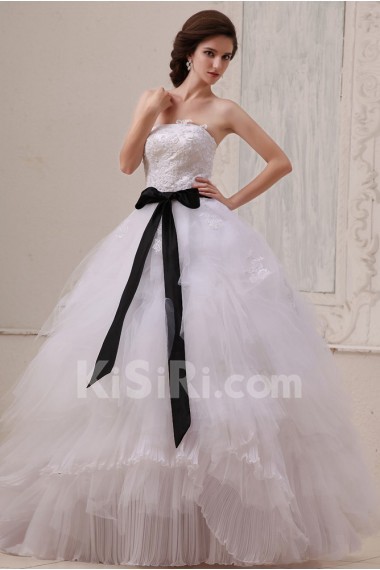 Gauze Strapless Floor Length Ball Gown with Sash and Embroidery