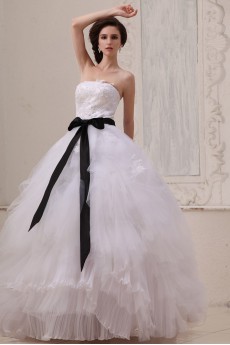 Gauze Strapless Floor Length Ball Gown with Sash and Embroidery