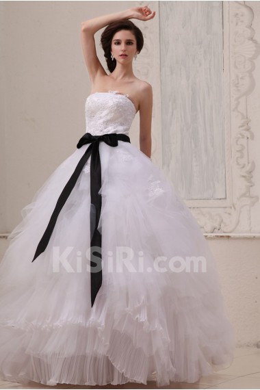 Gauze Strapless Floor Length Ball Gown with Sash and Embroidery