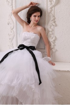 Gauze Strapless Floor Length Ball Gown with Sash and Embroidery