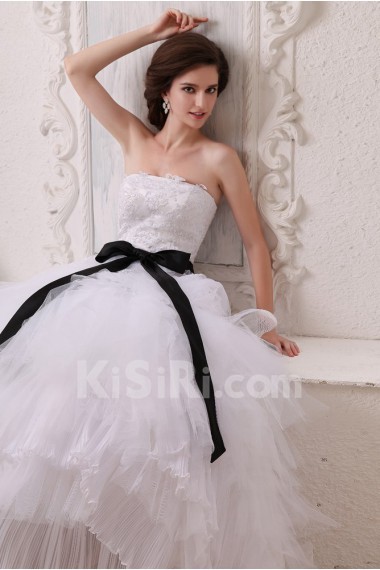 Gauze Strapless Floor Length Ball Gown with Sash and Embroidery