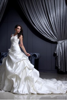 Satin and Lace V-Neckline Ball Gown