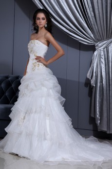 Satin and Organza Strapless A-line Dress with Beaded