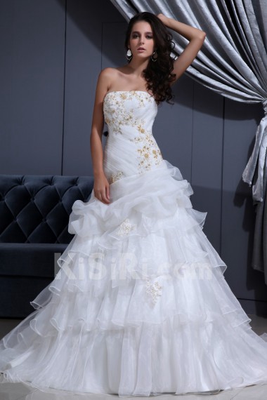 Satin and Organza Strapless A-line Dress with Beaded