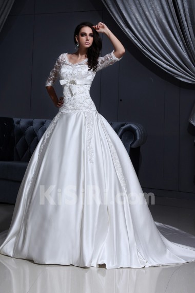 Satin and Lace V-Neckline Ball Gown with Embroidery and Half-Sleeves