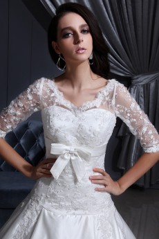 Satin and Lace V-Neckline Ball Gown with Embroidery and Half-Sleeves