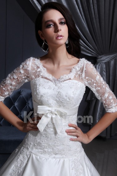 Satin and Lace V-Neckline Ball Gown with Embroidery and Half-Sleeves