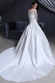 Satin and Lace V-Neckline Ball Gown with Embroidery and Half-Sleeves