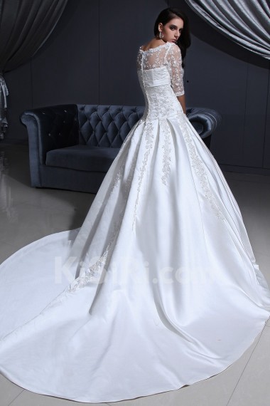 Satin and Lace V-Neckline Ball Gown with Embroidery and Half-Sleeves