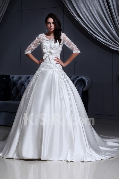 Satin and Lace V-Neckline Ball Gown with Embroidery and Half-Sleeves